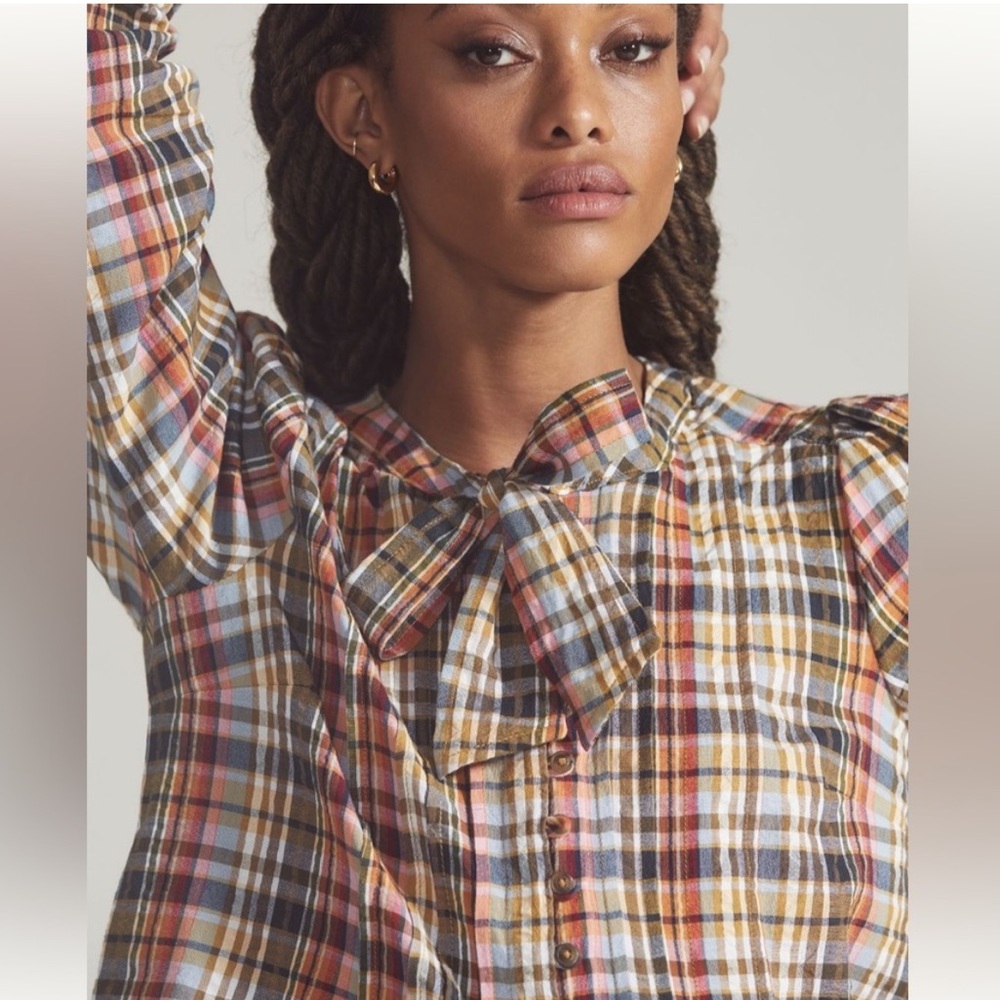 Anthropologie Pilcro Plaid Bow Shirt Small Cotton